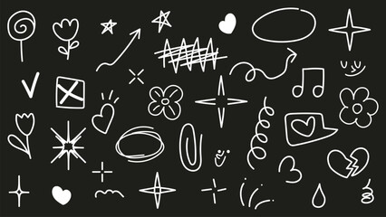 Doodle minimalistic pen line element set. Hand drawn lollipop, flower, heart, arrow, star decoration symbol. Cartoon isolated vector illustration.