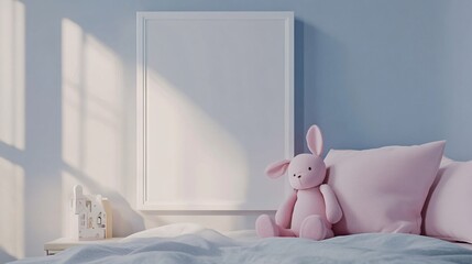 Serene Nursery Interior with a Gentle Pink Bunny and Soft Bedding Casting Sunlight on a Simple Frame