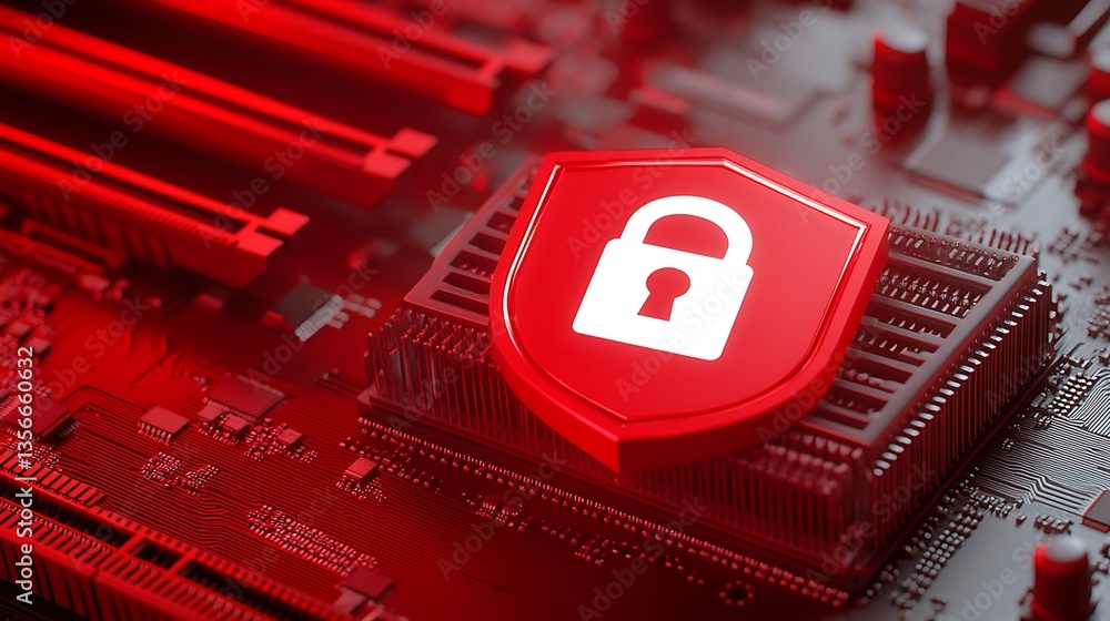 Poster red circuit board with digital lock symbol representing cybersecurity and data protection concept