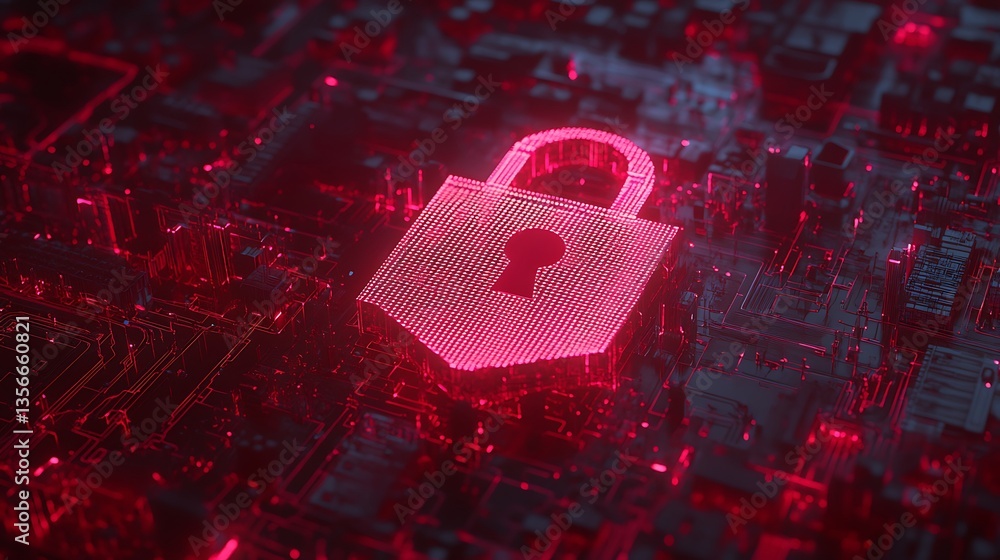 Poster red cybersecurity lock icon over digital circuit board background for technology and security concep