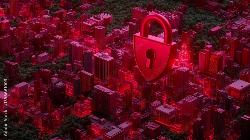 Poster red digital cityscape with lock symbol representing cybersecurity and data protection in urban envir