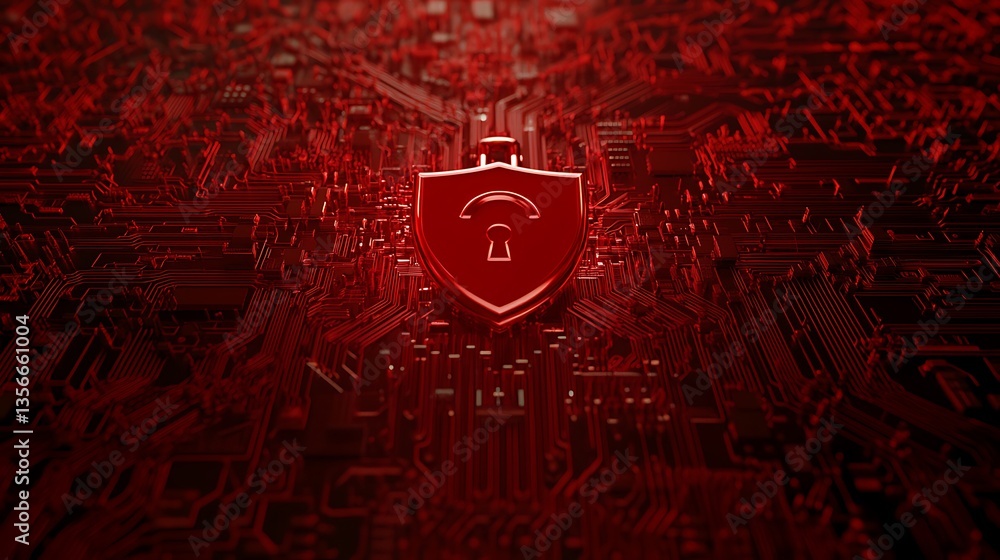 Poster red digital background with shield symbol for cybersecurity and data protection concept illustration