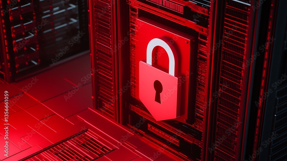 Poster red digital data protection concept with lock symbol on server background in cybersecurity environme