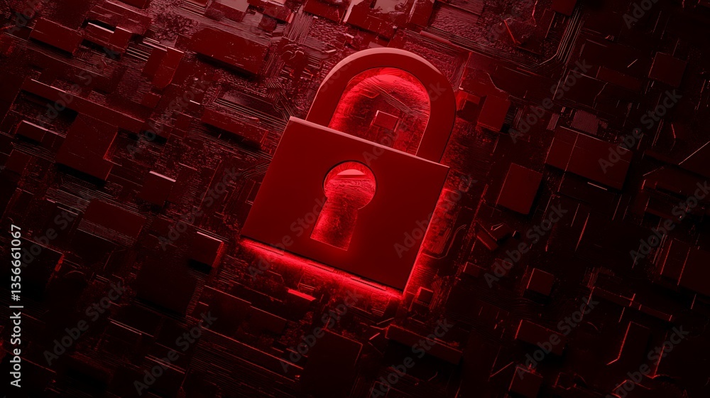 Poster red digital lock icon on abstract circuit background representing data security and protection in te