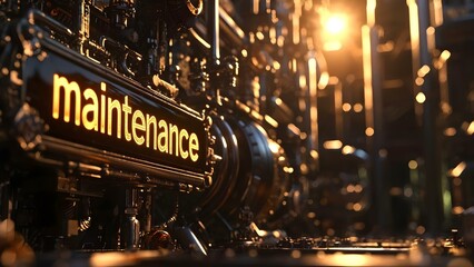 A close-up view of a mechanical or industrial setting featuring the word maintenance illuminated in lights. Concept Industrial Machinery, Lighting Design, Close-Up Photography, Maintenance Focus