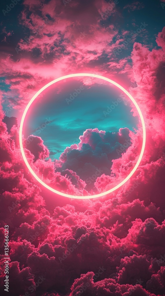 Poster in a breathtaking display at dusk, vibrant pink clouds form a captivating circle around a tranquil b