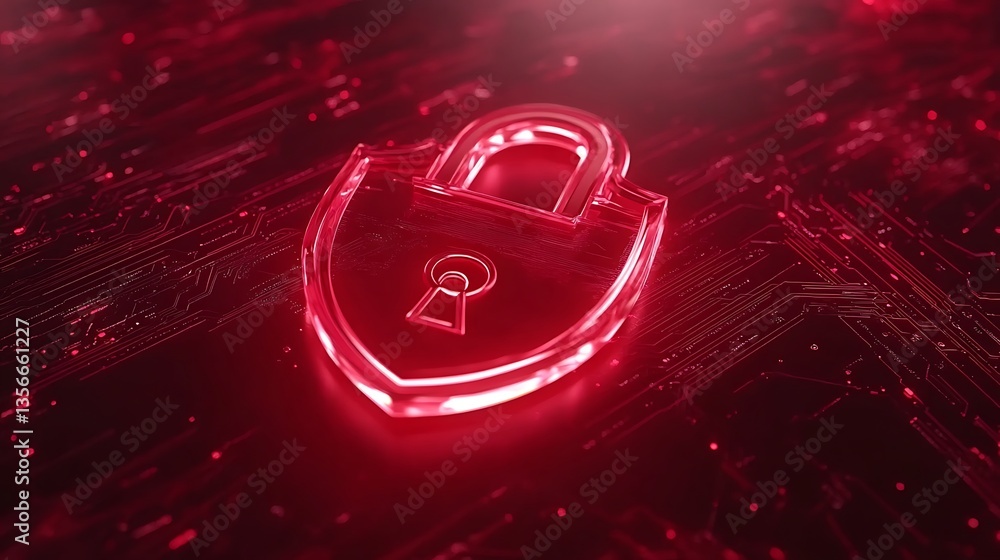 Poster red digital lock symbol on abstract background representing cybersecurity and data protection concep
