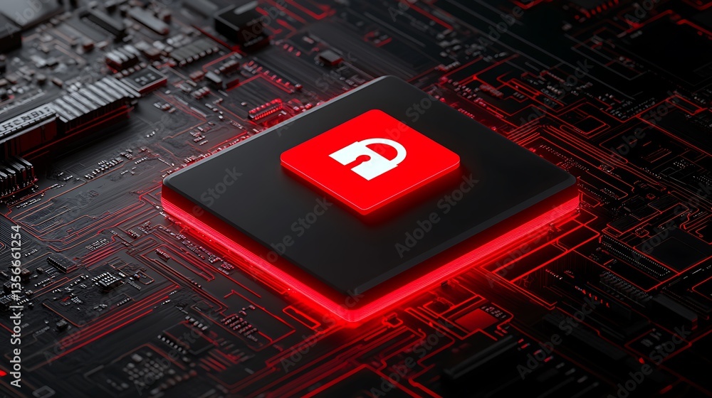 Poster red digital lock symbol on black microchip surrounded by circuit patterns for cybersecurity themes
