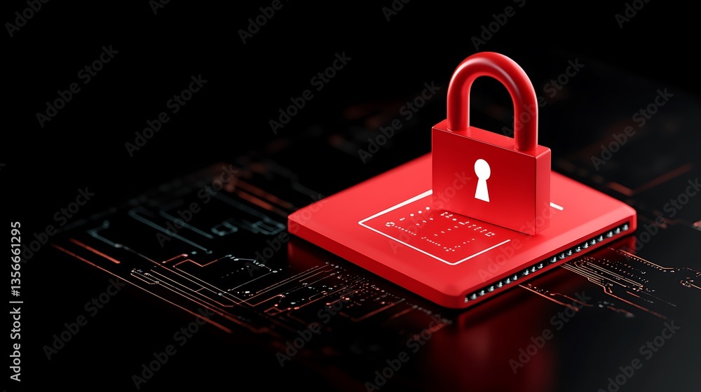 Poster red digital lock symbol on circuit board background for cybersecurity and data protection concepts