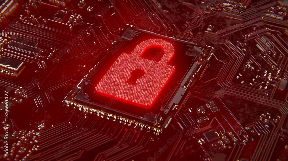 Poster red digital lock symbol on microchip circuit background representing cybersecurity and data protecti