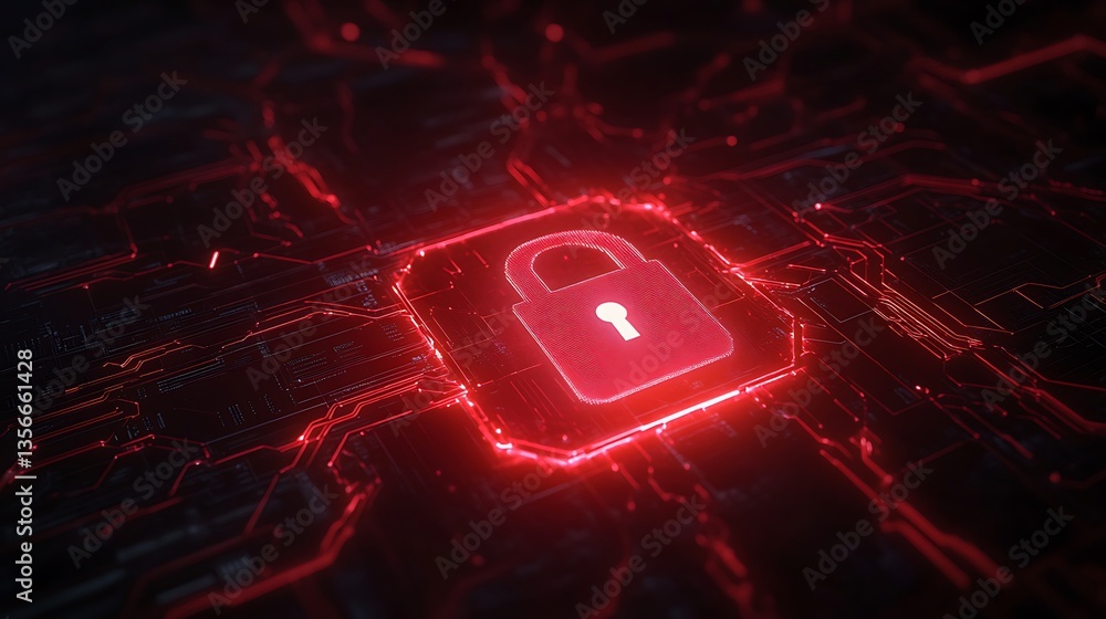 Poster red digital lock symbol on futuristic circuitry background with glowing lines and intricate patterns