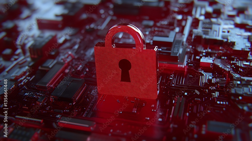 Poster red digital lock symbol on electronic circuit background representing cybersecurity and data protect