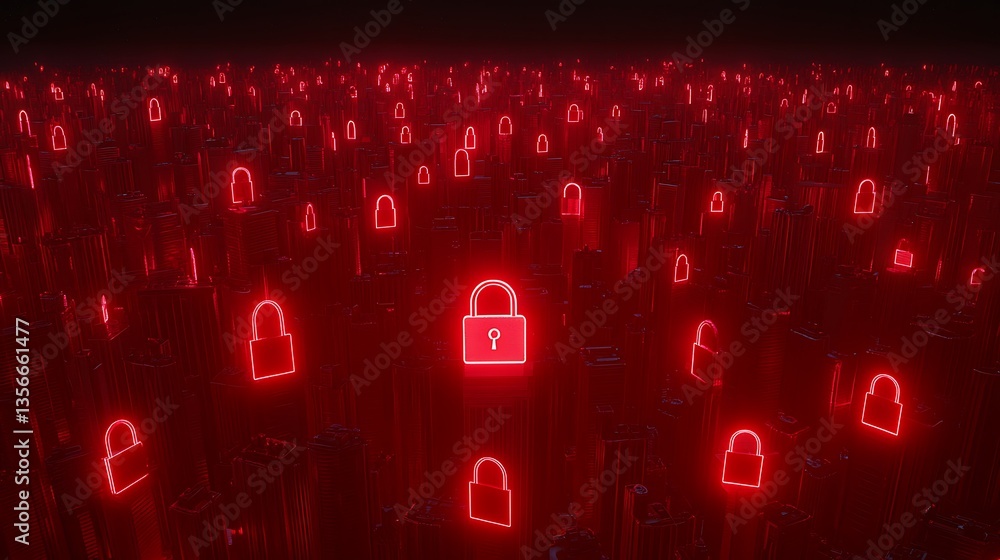 Aufkleber red digital locks in a futuristic landscape representing cybersecurity and data protection concepts