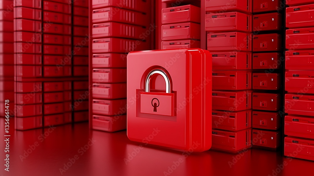 Poster red digital lock symbol with server racks in background representing data protection and security in