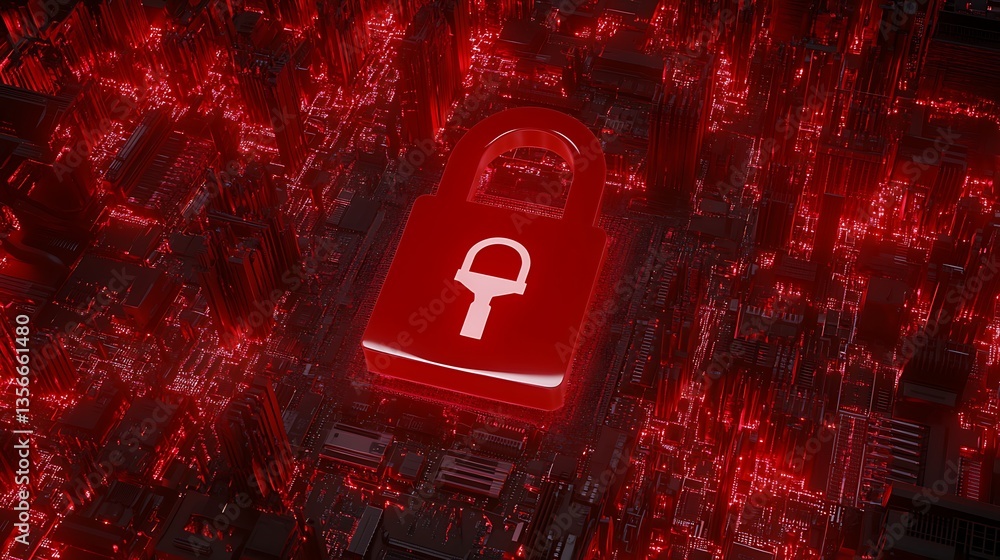 Poster red digital lock symbol over city of circuits representing security and data protection in modern te