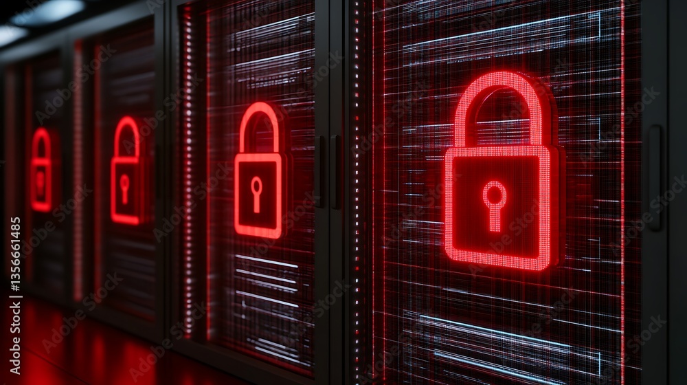 Poster red digital lock symbols on data servers in a modern cybersecurity conceptual environment