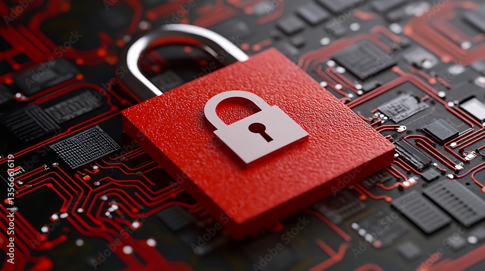 Poster red digital padlock on circuit board background symbolizing cybersecurity and data protection techno