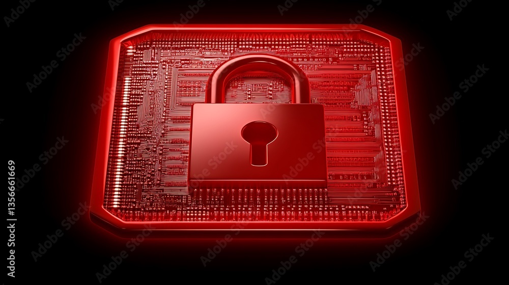 Poster red digital padlock symbol over circuit board design representing data security and cyber protection