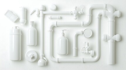 White bathroom items and pipes arranged