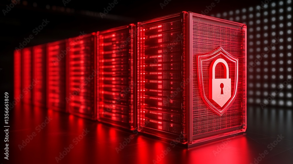 Poster red digital server room with security shield and locked padlock symbol for data protection conceptua