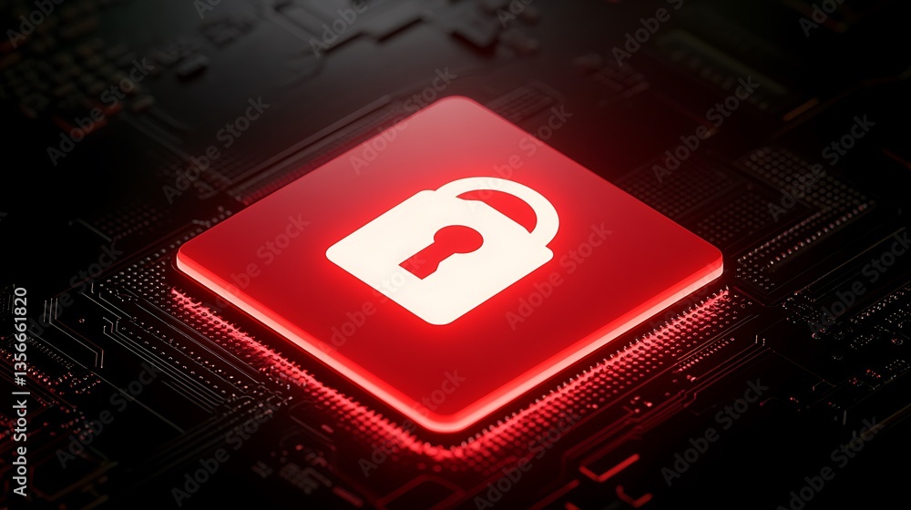 Poster red glowing lock icon on circuit board background representing cybersecurity and data protection in 