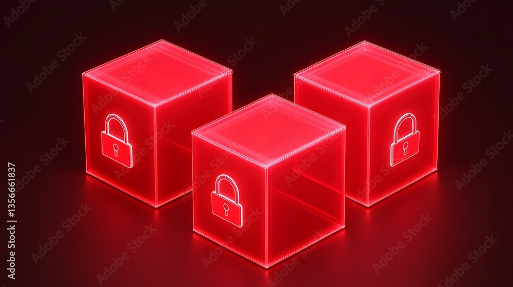 Poster red glowing locks on transparent cubes for symbolizing digital security and data protection concepts