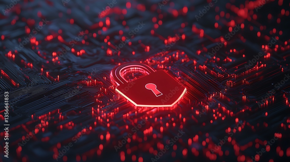 Poster red glowing padlock on abstract digital background representing cybersecurity, protection, and data 