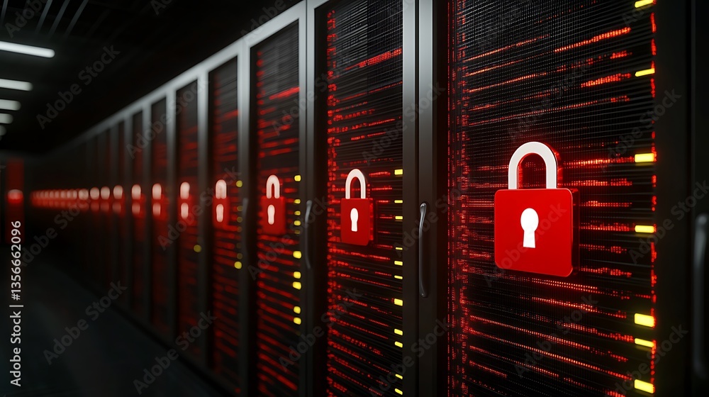 Poster red illuminated server room with security locks representing data protection and cybersecurity measu