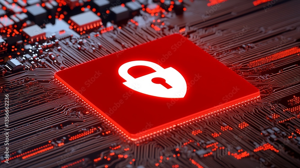 Poster red lock icon over circuit board background representing cybersecurity and data protection technolog