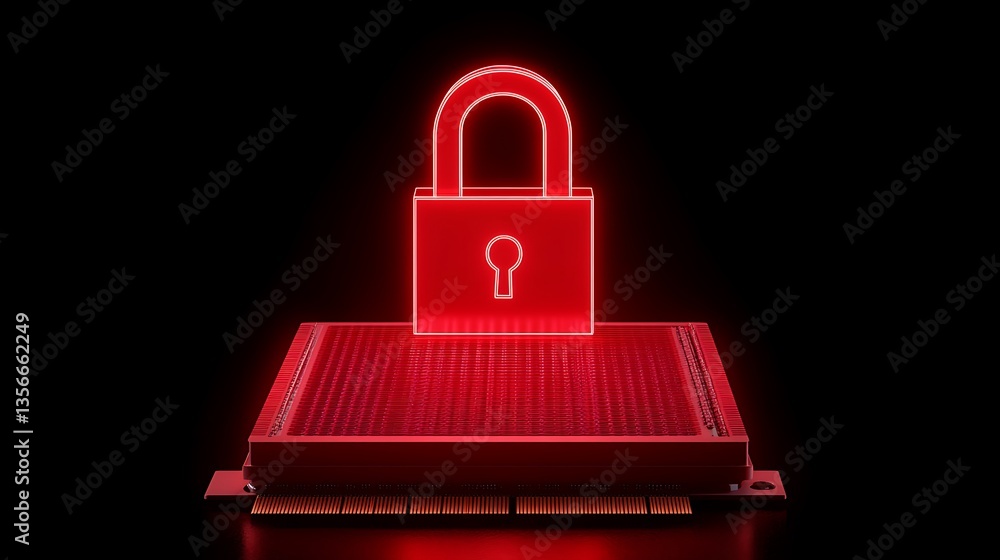 Poster red lock icon over computer chip representing data security and digital protection technology in cyb