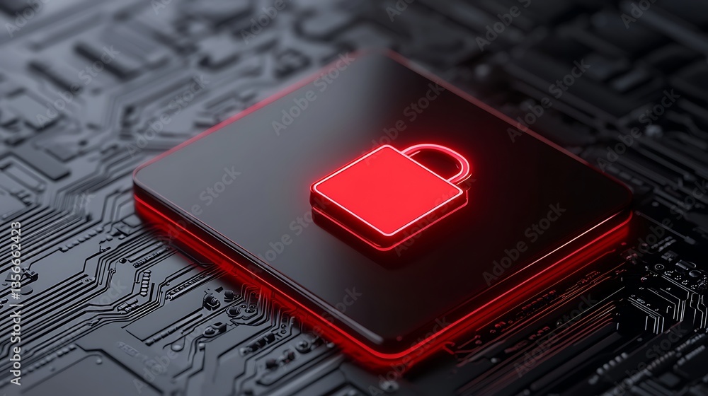 Poster red lock symbol on dark circuit board background representing digital security and data protection c