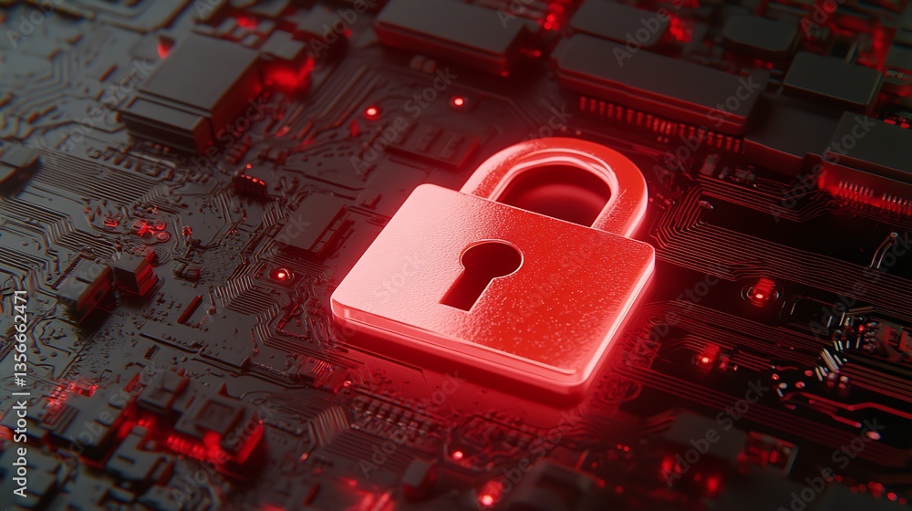 Poster red lock symbol on digital circuit board background representing cyber security and data protection