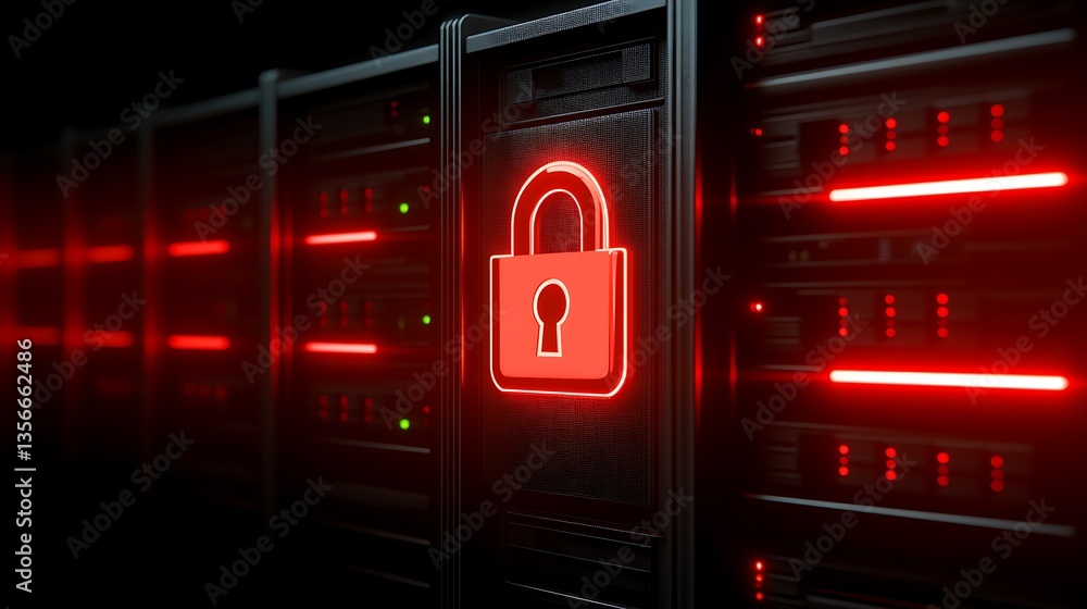 Poster red lock symbol on server background highlighting cybersecurity and data protection concepts in digi