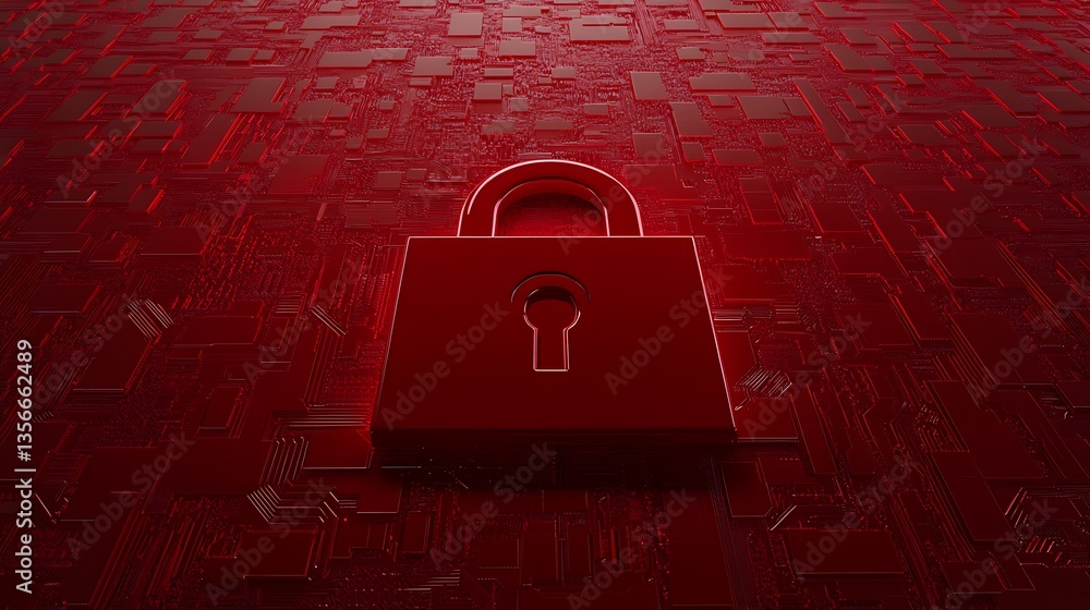 Poster red lock symbol on digital background representing cybersecurity and data protection concepts