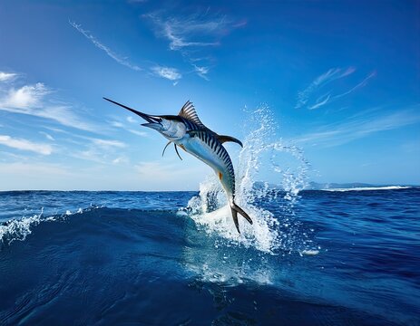 big marlin fish jump out on blue ocean nature background