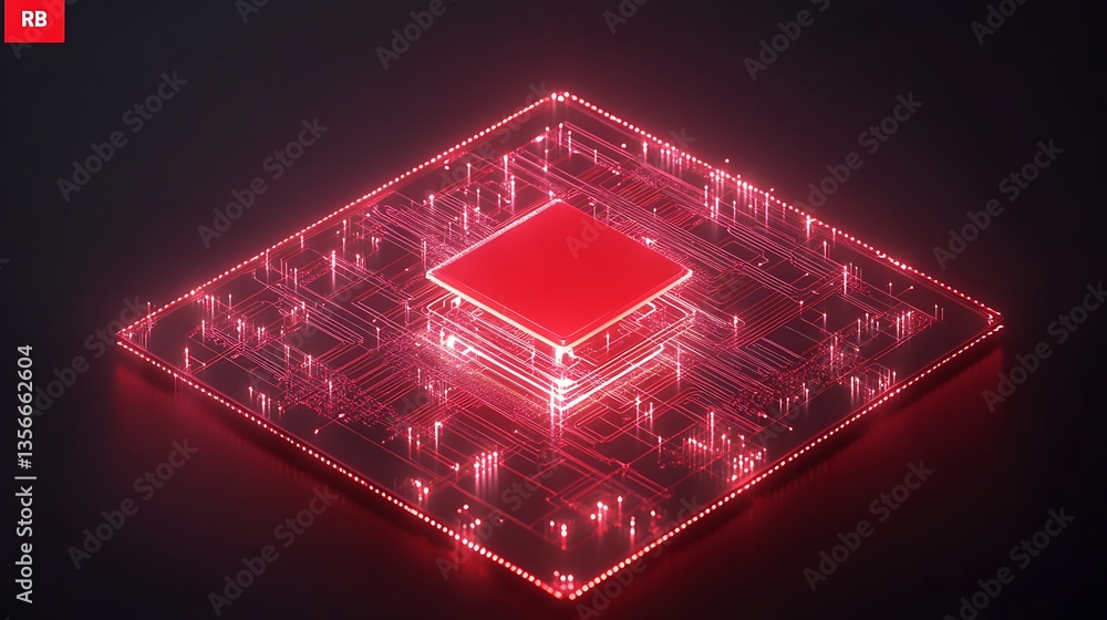 Poster red neon circuit board with central processor in dark background for digital technology concepts and