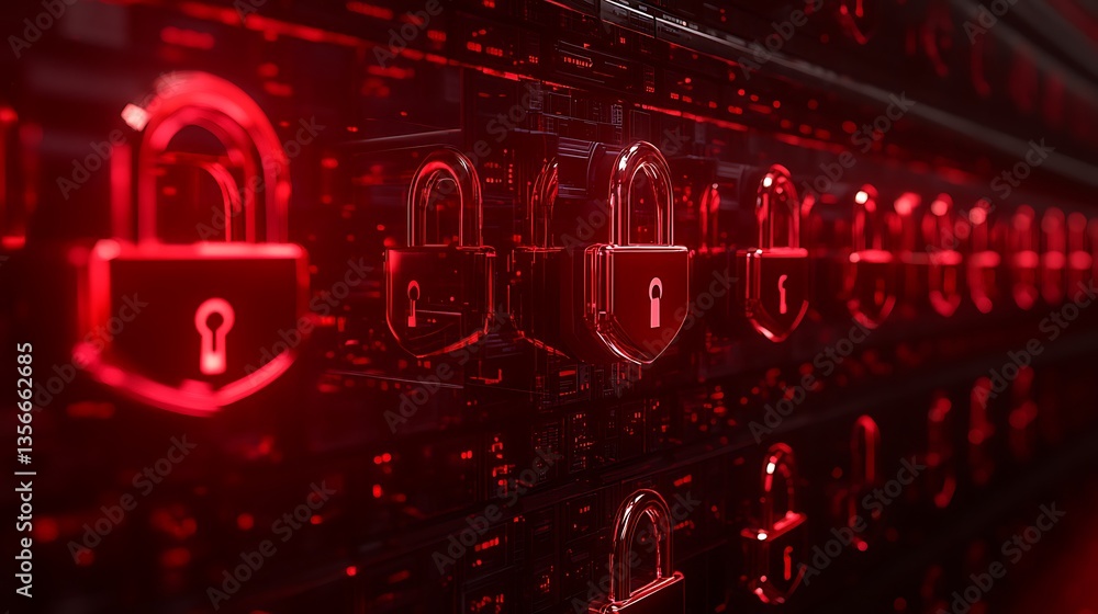 Poster red neon digital locks on a futuristic background symbolizing cybersecurity and data protection conc