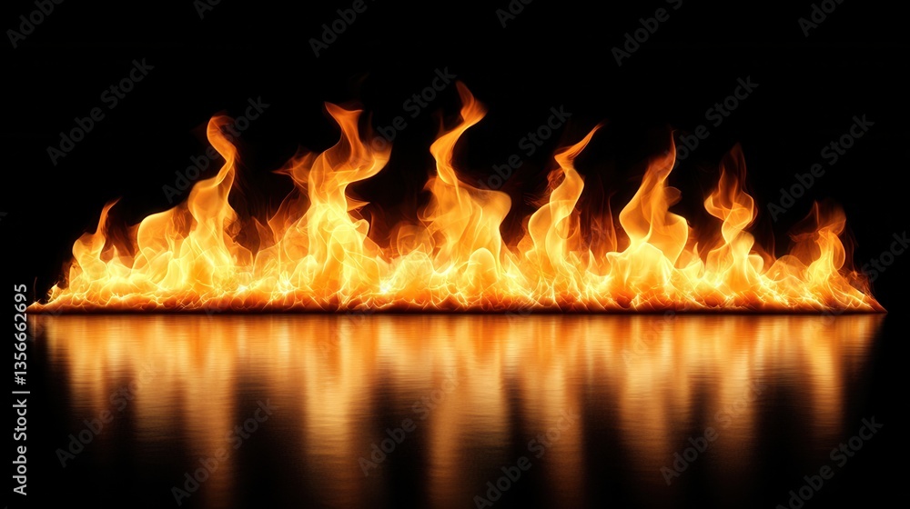 Poster fiery flames dance and reflect on a dark surface creating a dramatic and intense visual experience w