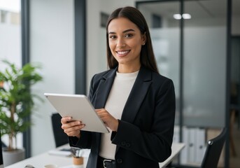 Portrait of a smiling woman in a blazer holding a tablet in an office setting with a plant