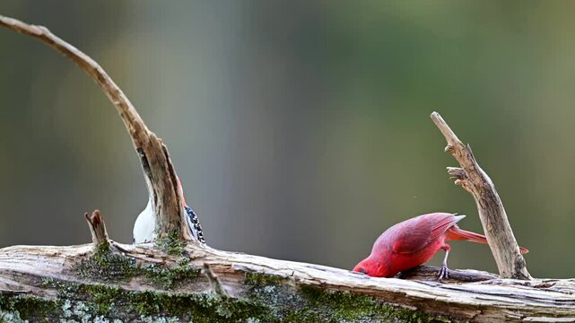 Birds finding food on a fallen log
