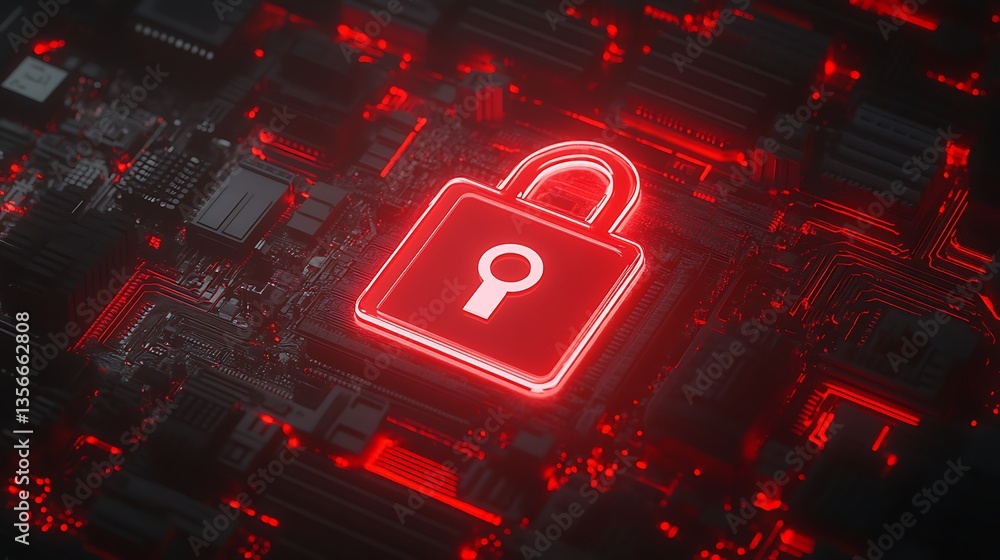 Poster red neon lock symbol on circuit board background for cybersecurity and data protection themes