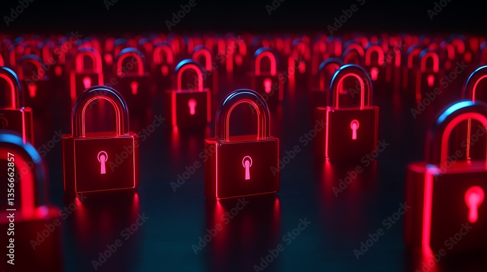 Poster red neon locks on dark surface representing concepts of security, protection, and data privacy in a 