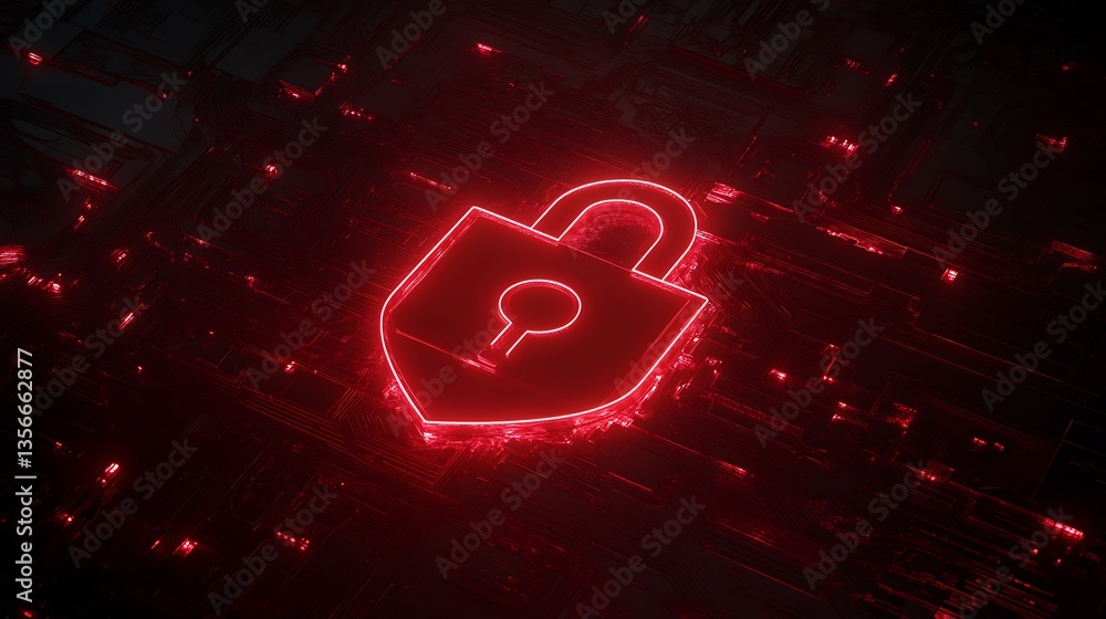 Poster red neon padlock icon with digital background representing cybersecurity and data protection concept