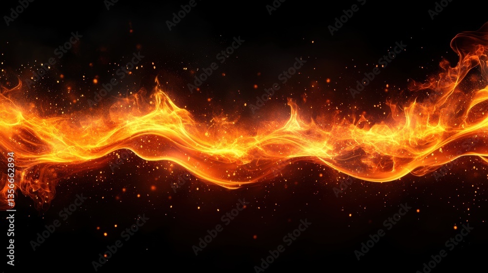 Poster abstract fiery wave flowing through a dark void with sparks and embers creating a dynamic and energe
