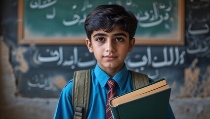 Focused Middle Eastern Student in a School Setting, Wearing a Vibrant Blue Shirt, Surrounded by Educational Elements with an Engaging and Thoughtful Expression