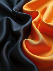 A black and orange fabric with a shiny texture
