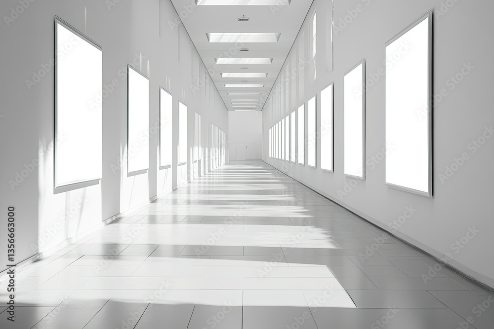 Poster bright white corridor with multiple empty frames, sunlight, minimalist architecture