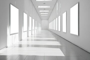 Fototapeta premium Bright White Corridor with Multiple Empty Frames, Sunlight, Minimalist Architecture