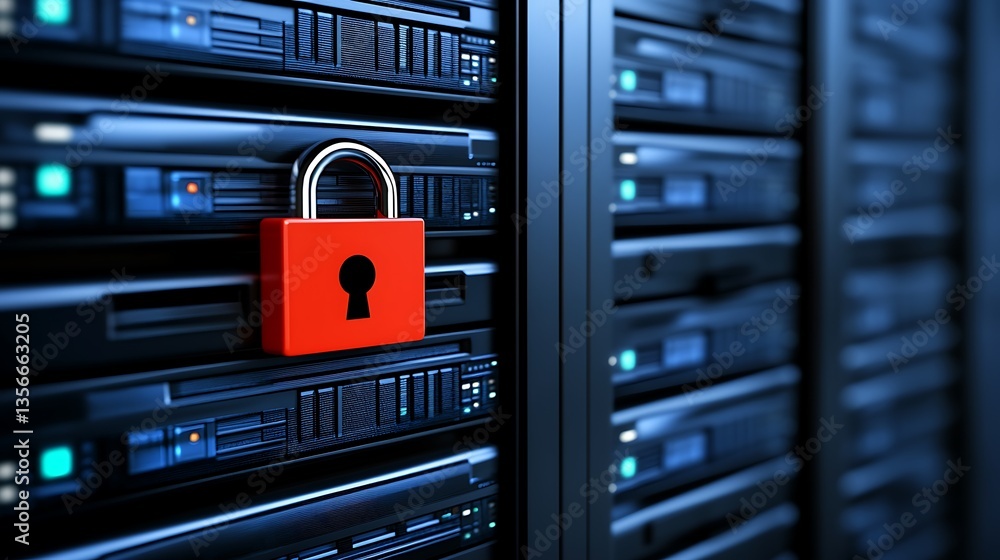 Poster red padlock on a server rack symbolizing data security and cyber protection in a digital environment