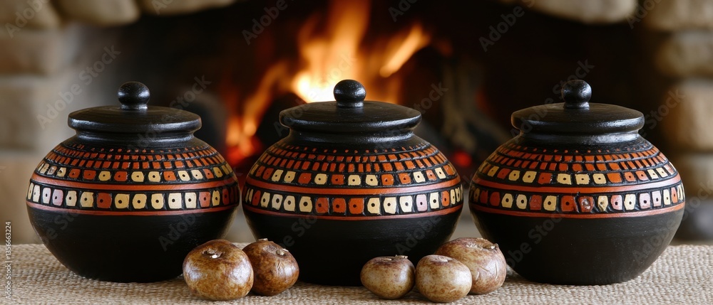 Poster rustic pottery jars with geometric patterns and earthy tones arranged by a warm fireplace creating a